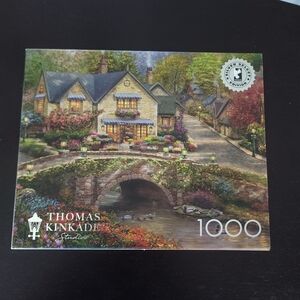 Thomas Kinkade Cottage and Stone Bridge — Yellow, green, blue- 1000 Piece Puzzle
